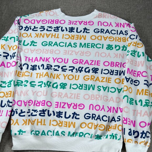 Wound Up Sweatshirt Top Women's Small Multicolor Multilingual Thank You Graphic - Picture 9 of 13